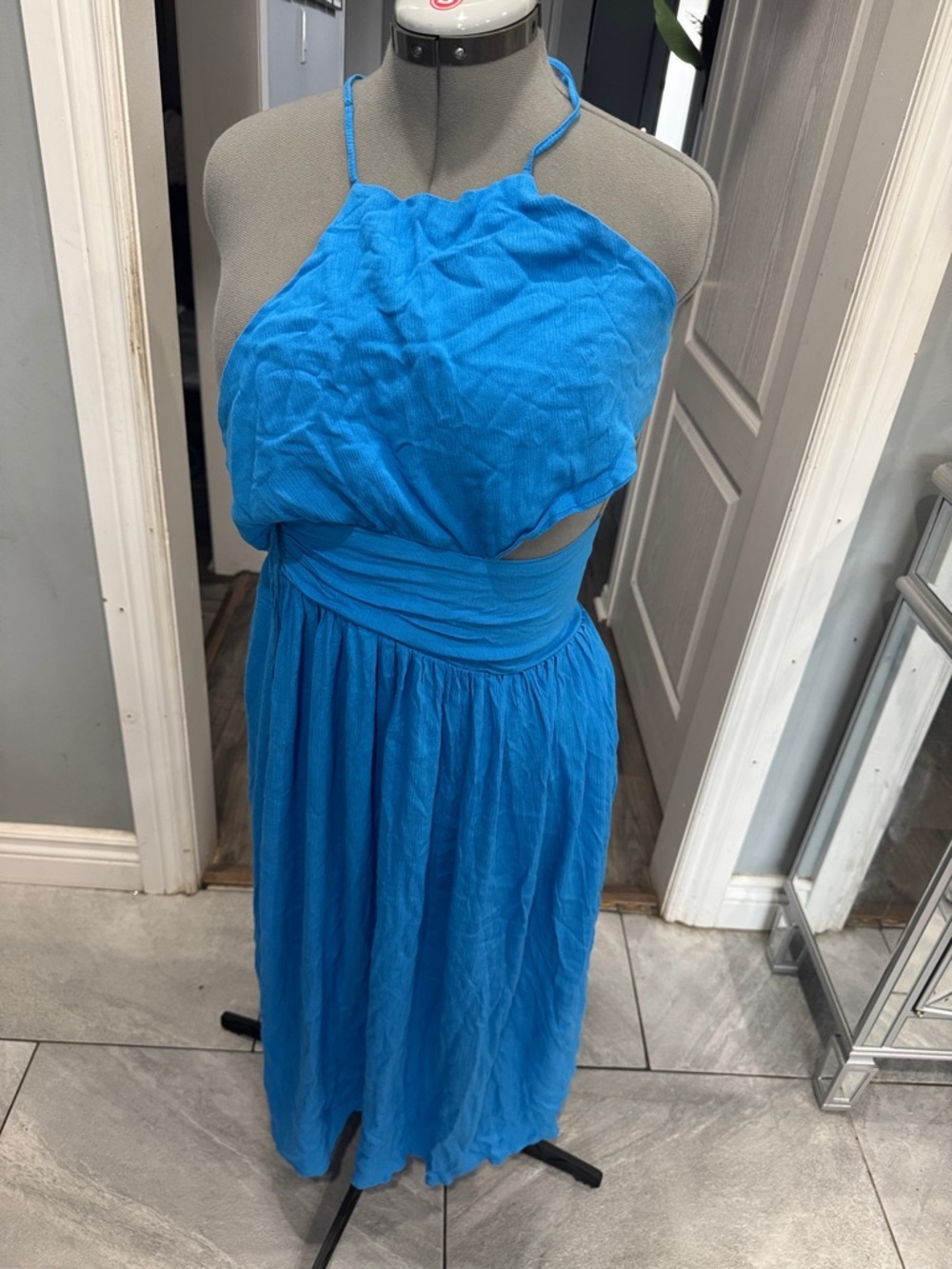 Blue Halter Midi Dress with Waist Cutout (with damaged string)